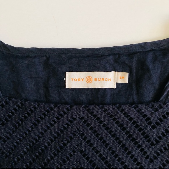 Tory Burch Square Neck Navy Zig Zag “Eyelet” Pullover Short Sleeve S - Picture 5 of 7